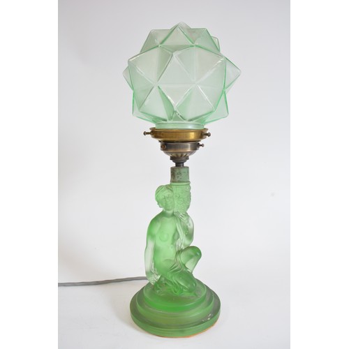 57 - Art Deco Green  Glass Kneeling Lady Lamp complete with fittings and shade,  approx height including ... 