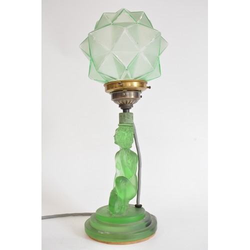 57 - Art Deco Green  Glass Kneeling Lady Lamp complete with fittings and shade,  approx height including ... 