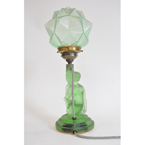 57 - Art Deco Green  Glass Kneeling Lady Lamp complete with fittings and shade,  approx height including ... 