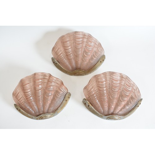 62 - Art Deco Pink Glass Scalloped Shell and metal Wall Lights  x 3