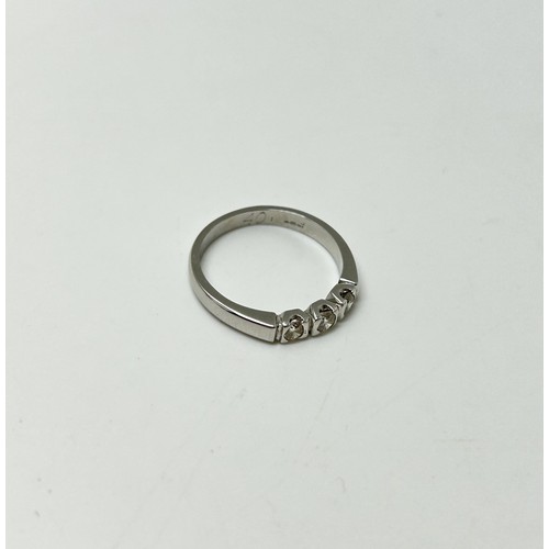 92 - 18ct white gold and diamond trilogy ring, stamped .40, size O/P. Stamped 750 Hallmarked London.