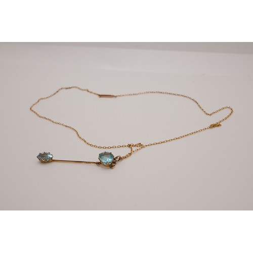 95 - Vintage 9ct drop blue stone pendant (overall length 4.5cm), possibly aquamarine on 15ct yellow gold ... 