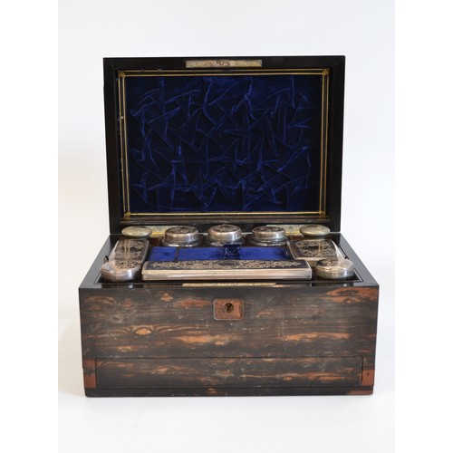 122 - Antique ladies vanity / dressing table box with blue velvet interior possibly in Coromandel wood, co... 