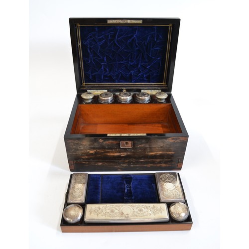 122 - Antique ladies vanity / dressing table box with blue velvet interior possibly in Coromandel wood, co... 