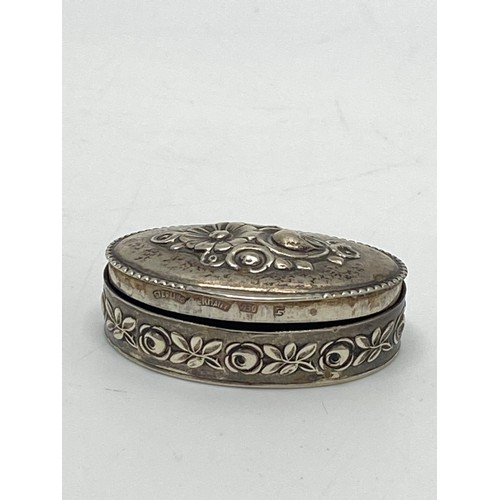 126 - Mixed silver and white metal items to include oval pill box with flower motif to top marked Sterling... 