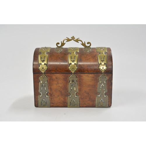 143 - Victorian burr wood effect dome top stationery box/chest with brass decoration and handle.