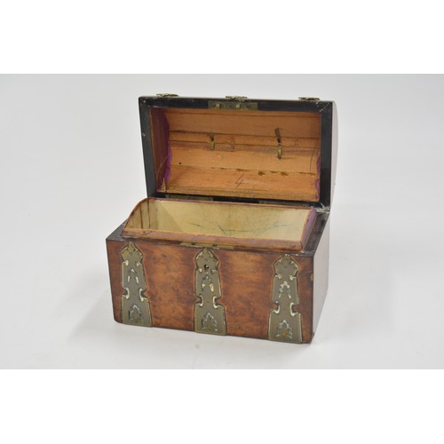 143 - Victorian burr wood effect dome top stationery box/chest with brass decoration and handle.