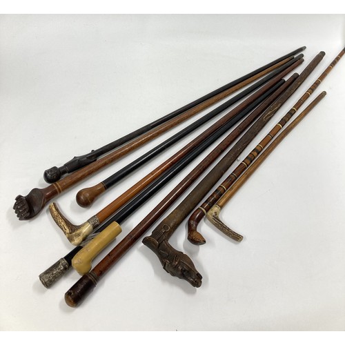 161 - A group of walking sticks / canes some with interesting finials including a carved horse head, a sna... 