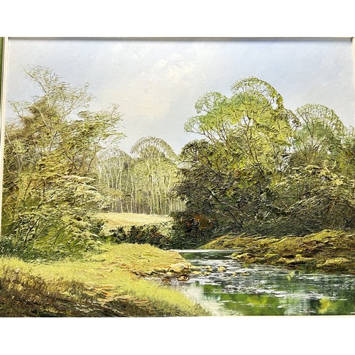 190 - Terry Evans, oil on canvas, study of a woodland river scene, signed by artist. Approx framed size  5... 