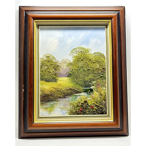 191 - Terry Evans, oil on canvas, study of a landscape river scene, signed by artist. Approx framed size  ... 