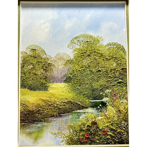 191 - Terry Evans, oil on canvas, study of a landscape river scene, signed by artist. Approx framed size  ... 