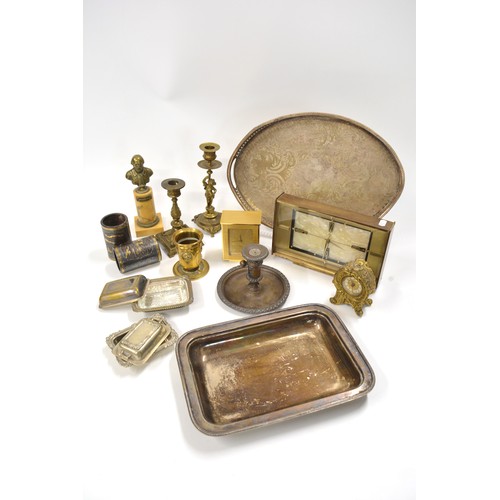 201 - Group of metalware objects to include candle holders, pots and clocks, Metamec, Hamilton electronic,... 