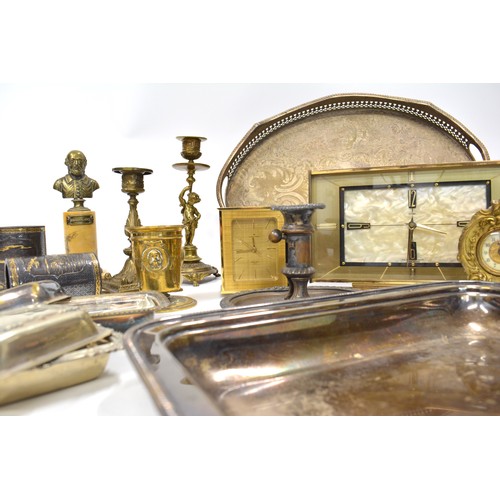 201 - Group of metalware objects to include candle holders, pots and clocks, Metamec, Hamilton electronic,... 