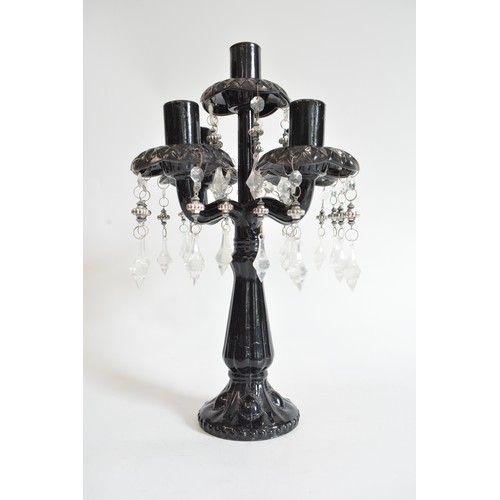 216 - Black glass candelabra x 5 candleholders with plastic droplets, max height approx 41 cms