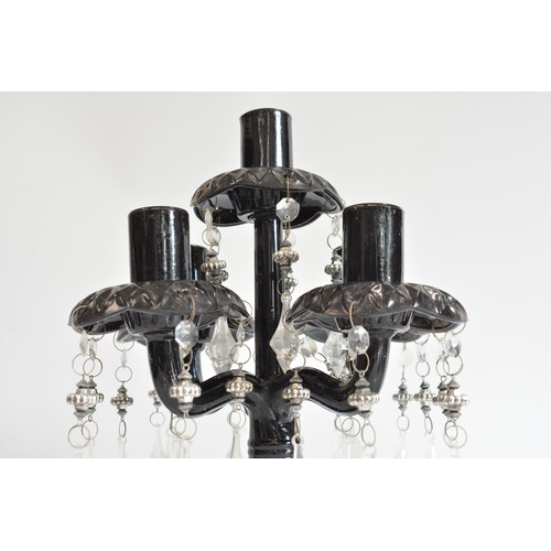 216 - Black glass candelabra x 5 candleholders with plastic droplets, max height approx 41 cms