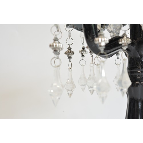 216 - Black glass candelabra x 5 candleholders with plastic droplets, max height approx 41 cms