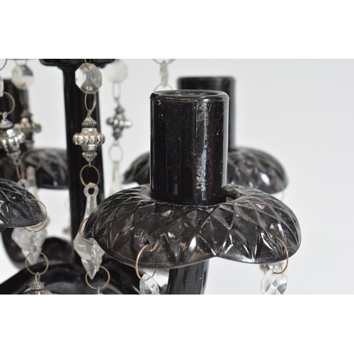 216 - Black glass candelabra x 5 candleholders with plastic droplets, max height approx 41 cms