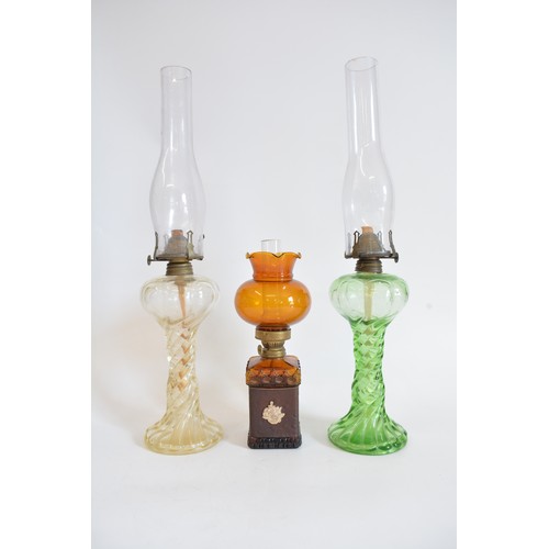 219 - Vintage Oil Lamps x 3 with funnels, 2 in swirl design. max height including funnel 50.5 cms