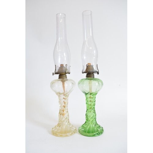 219 - Vintage Oil Lamps x 3 with funnels, 2 in swirl design. max height including funnel 50.5 cms