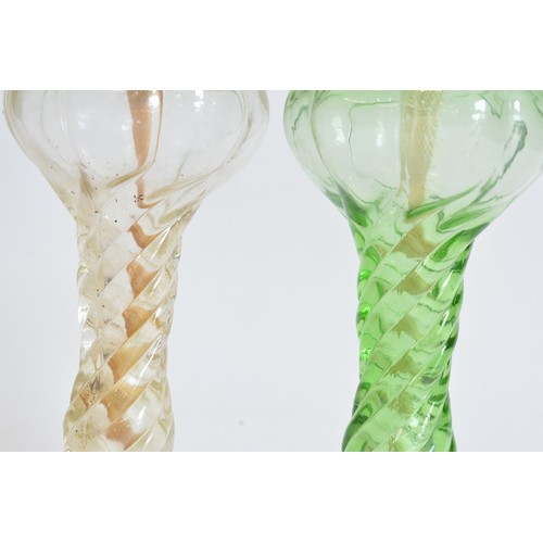 219 - Vintage Oil Lamps x 3 with funnels, 2 in swirl design. max height including funnel 50.5 cms