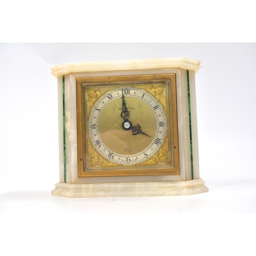 225 - Art Deco Elliott Mantle Clock contained in a White Onyx Case with Malachite stripping, 14cms high. S... 