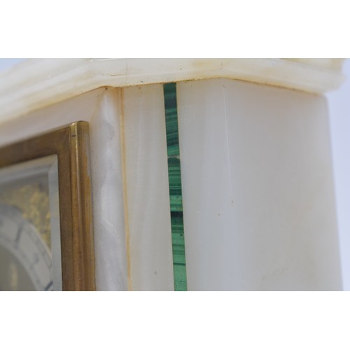 225 - Art Deco Elliott Mantle Clock contained in a White Onyx Case with Malachite stripping, 14cms high. S... 