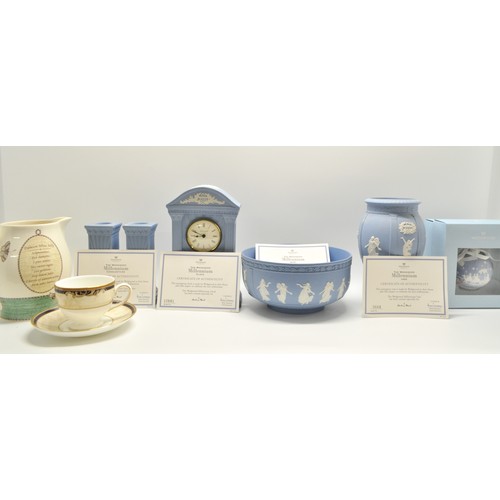 232 - Collection Millennium Wedgwood Jasperware, with certificates, to include clock, candlesticks, bowl e... 