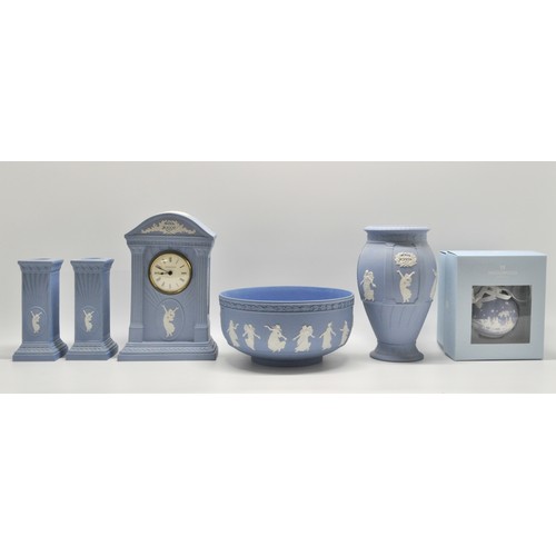 232 - Collection Millennium Wedgwood Jasperware, with certificates, to include clock, candlesticks, bowl e... 