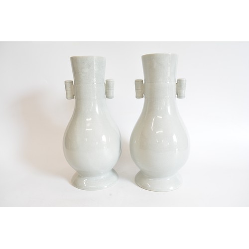 235 - Pair of large double ear and crackle style grey vases, approx height 37 cms