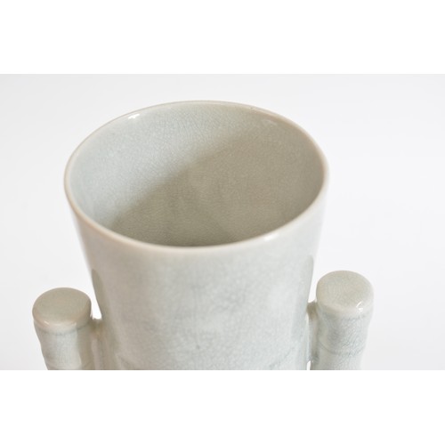 235 - Pair of large double ear and crackle style grey vases, approx height 37 cms