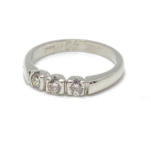 92 - 18ct white gold and diamond trilogy ring, stamped .40, size O/P. Stamped 750 Hallmarked London.