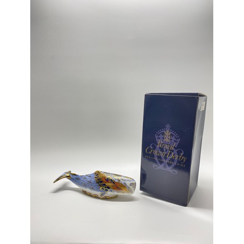 32 - Royal Crown Derby 'Oceanic Whale' paperweight with gold stopper and box.