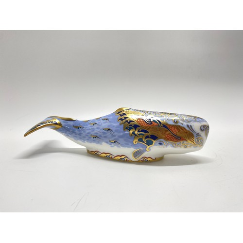 32 - Royal Crown Derby 'Oceanic Whale' paperweight with gold stopper and box.