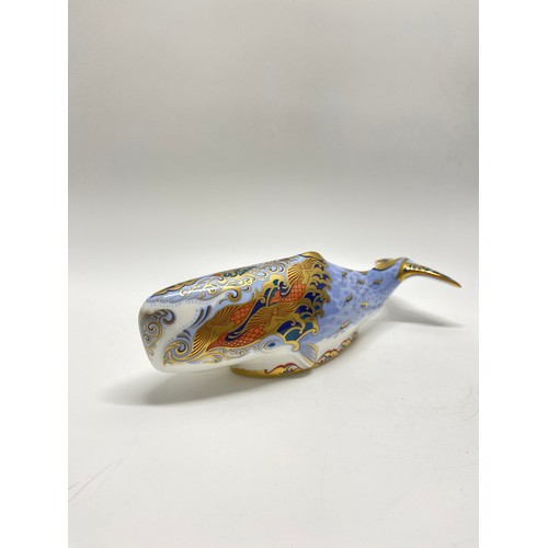 32 - Royal Crown Derby 'Oceanic Whale' paperweight with gold stopper and box.