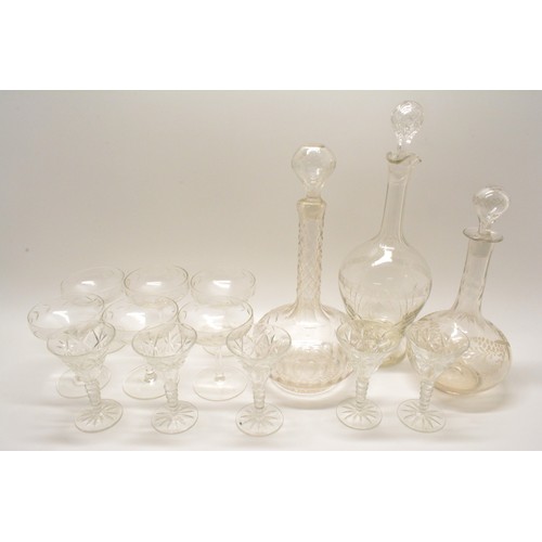 27 - Vintage glassware consisting ; decanters, champagne glasses, crystal stem glasses