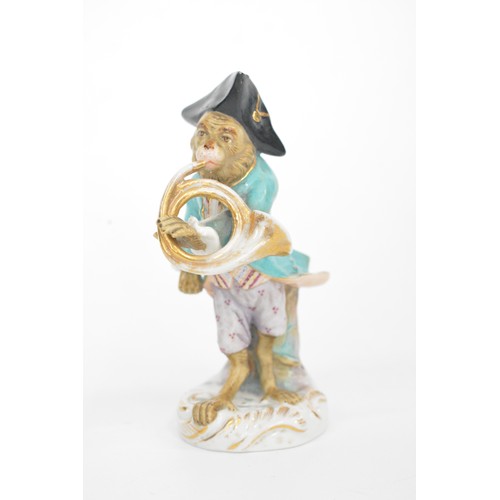 25 - Antique Dresden Monkey Band figure playing a French Horn, marked to the base