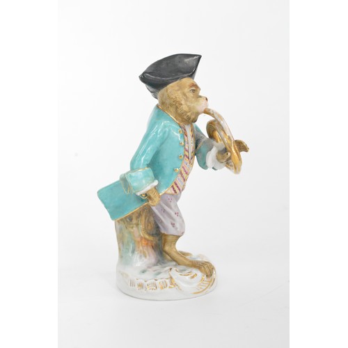 25 - Antique Dresden Monkey Band figure playing a French Horn, marked to the base