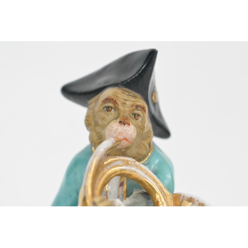 25 - Antique Dresden Monkey Band figure playing a French Horn, marked to the base