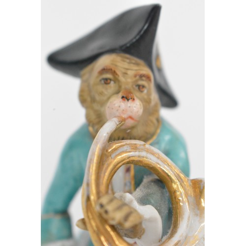 25 - Antique Dresden Monkey Band figure playing a French Horn, marked to the base