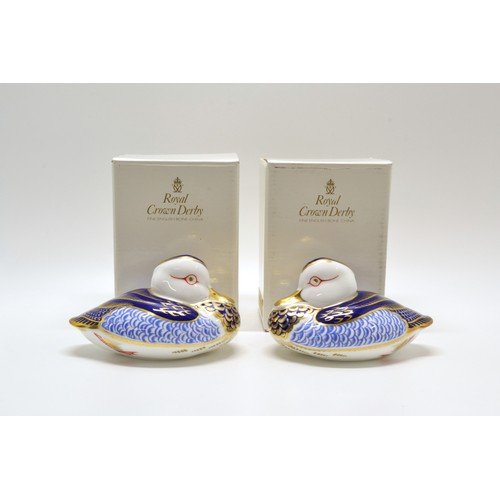 5 - Royal Crown Derby pair of Duck paperweights approx 8 cms tall with gold stopper and boxed