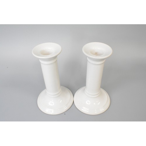 32 - Pair of Royal Doulton glazed candlesticks together with Portmerion 'Parian' bisque figurine candle h... 