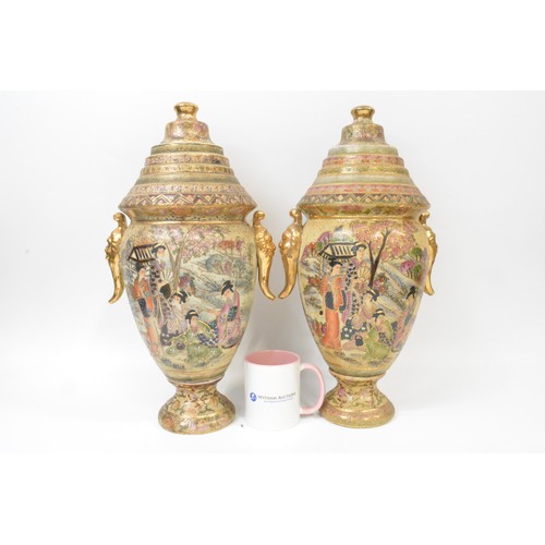 35 - Oriental Japanese Satsuma lidded Urns (x2) decorated with Geishas, approx. 46cms - marks to base