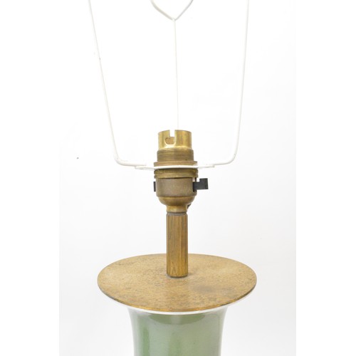 54 - Pair of vintage  green ceramic lamps on wooden base,  approx height 64cms, PAT tested.