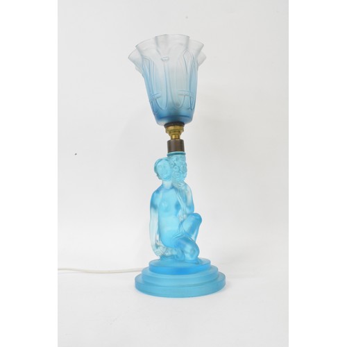 55 - 1930s Walther and Sohne blue glass lamp base with fluted glass shade, PAT tested, height 39 cms