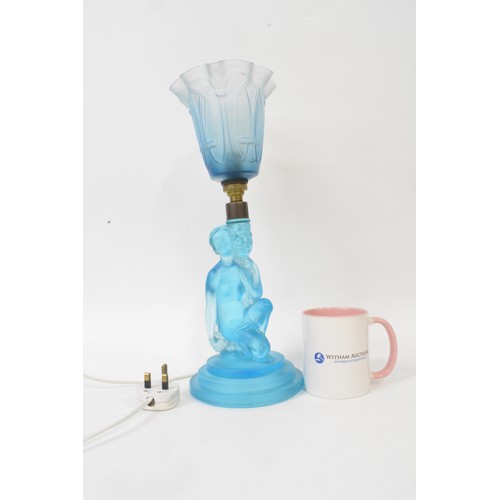 55 - 1930s Walther and Sohne blue glass lamp base with fluted glass shade, PAT tested, height 39 cms