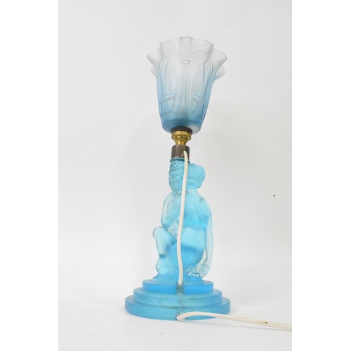 55 - 1930s Walther and Sohne blue glass lamp base with fluted glass shade, PAT tested, height 39 cms