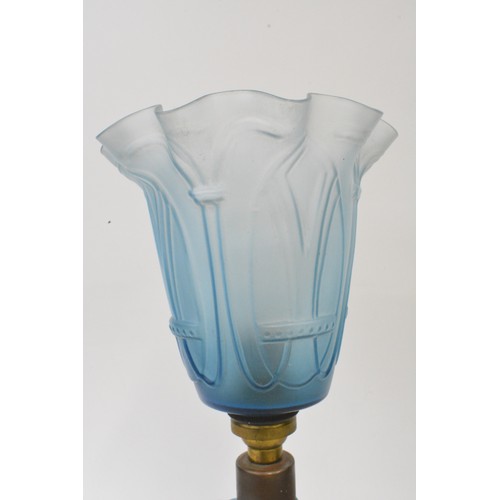 55 - 1930s Walther and Sohne blue glass lamp base with fluted glass shade, PAT tested, height 39 cms