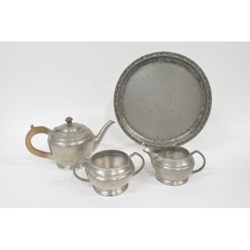 61 - Hugh Wallis arts & crafts pewter tray together with hammered Walker & Hall teapot, jug and bowl set