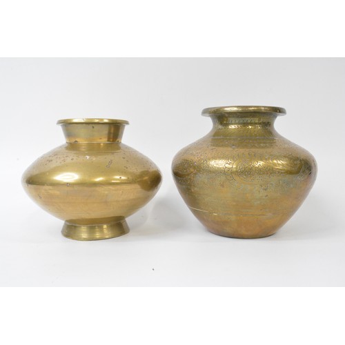 64 - Brass squat vases, one with engraved detail of peacocks, max height 15cm (x2 items).