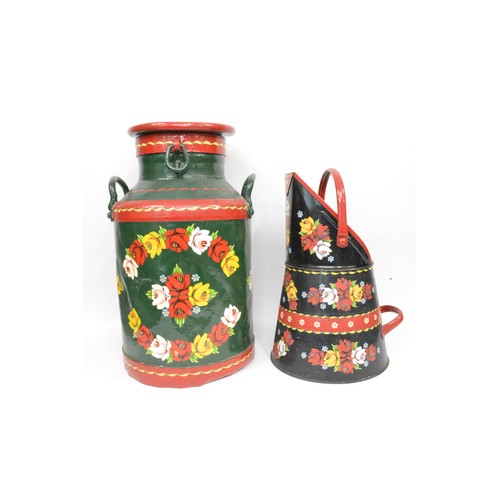 75 - Bargeware hand painted decorative items; Milk Churn size approx. 55 cms tall together with a coal sc... 